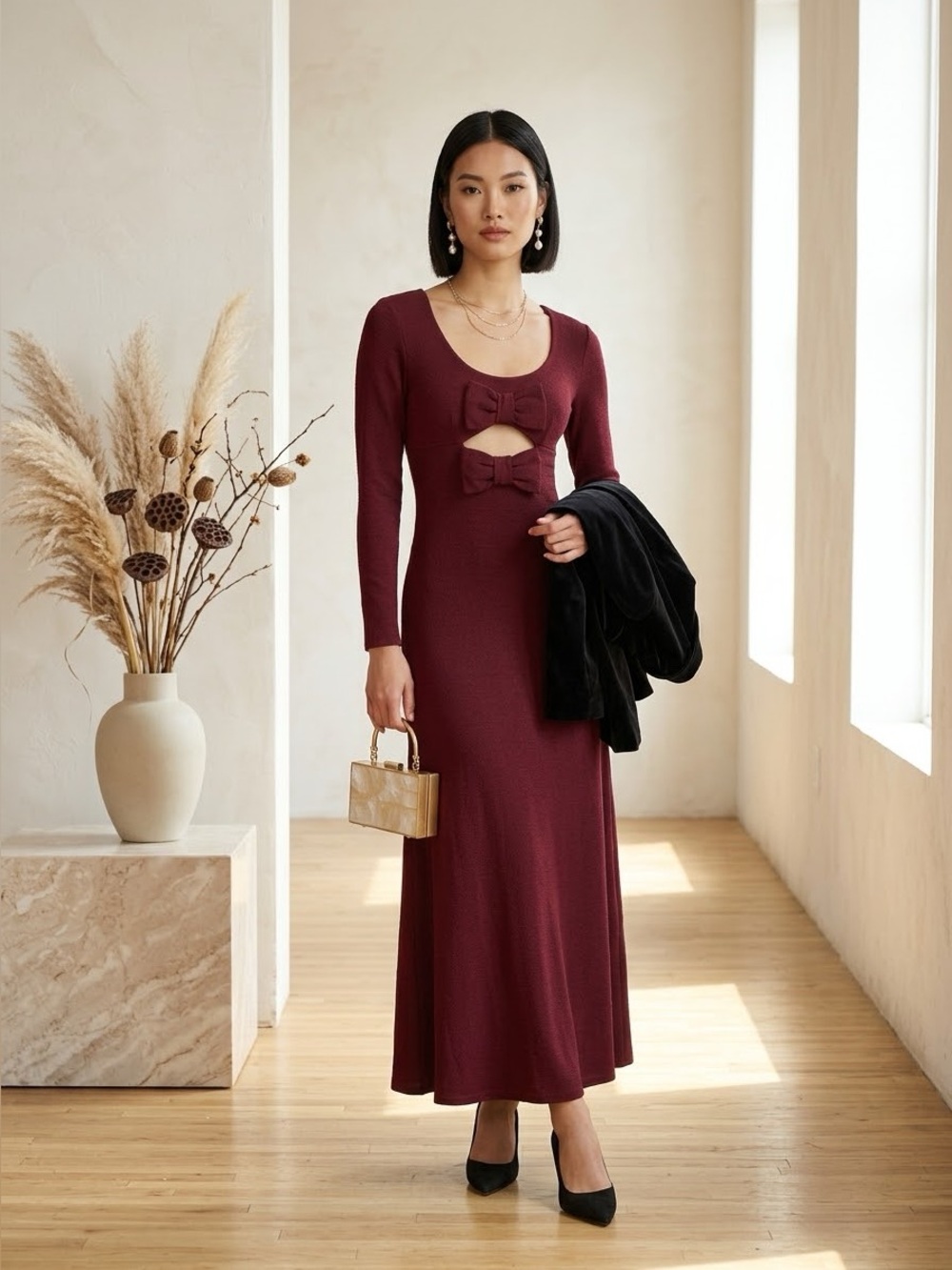 Staud burgundy Lido cutout long sleeve maxi dress with bows - XS